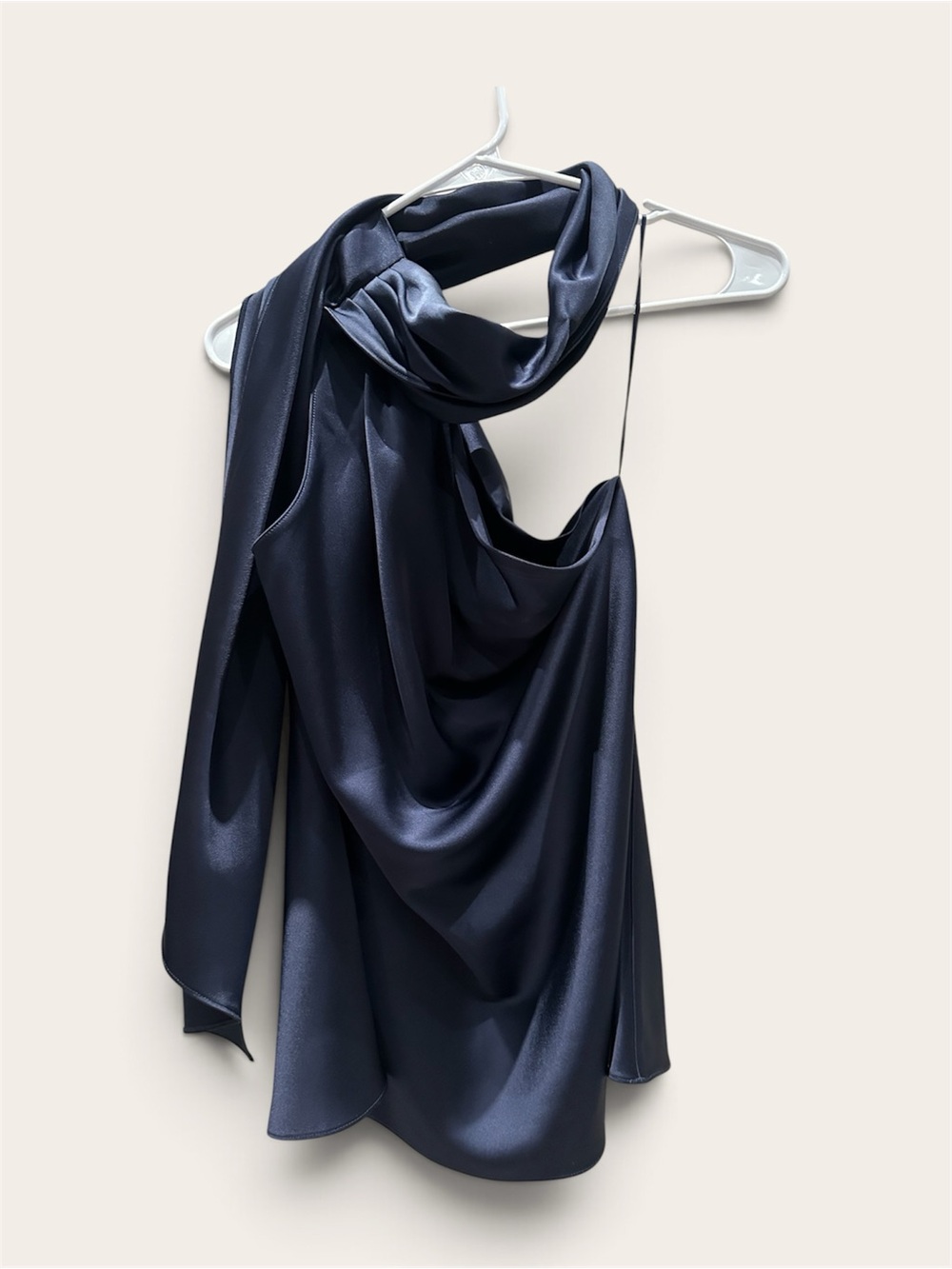 Draped Satin Navy  scarf Neck Blouse - Women